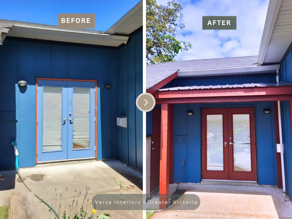 Before and after attached pergola with metal roof installation and painted door Greater Victoria